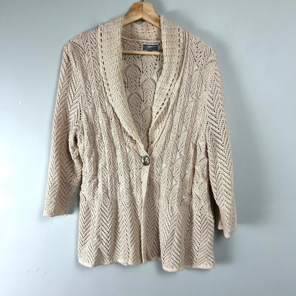 JM Collection Cream Pointelle Knit Cardigan L Shawl Collar Open Knit Cottage